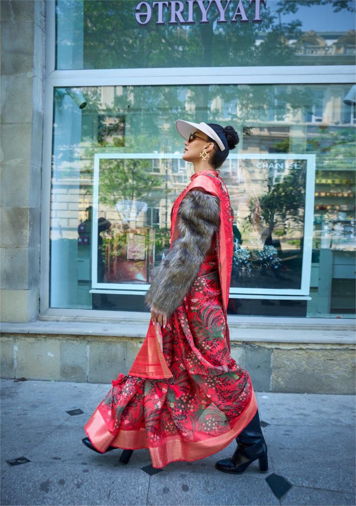 Red Floral Printed Satin & Organza Blend Silk Saree