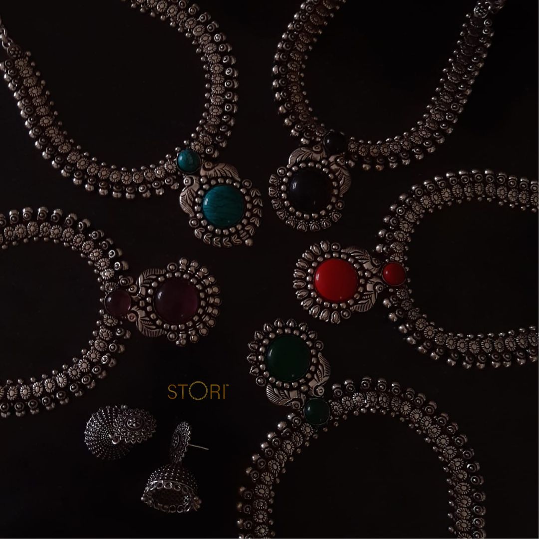 Kolhapuri Pendant Oxidised Necklace Set With Jhumki Earrings