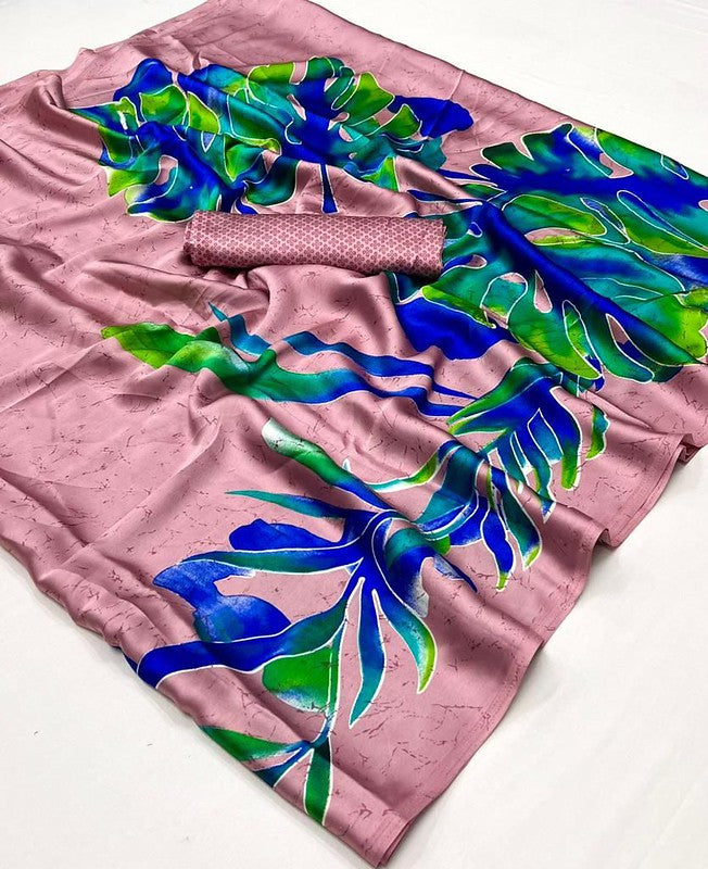 Rose Pink With Printed Flowers Satin Crepe Silk Saree