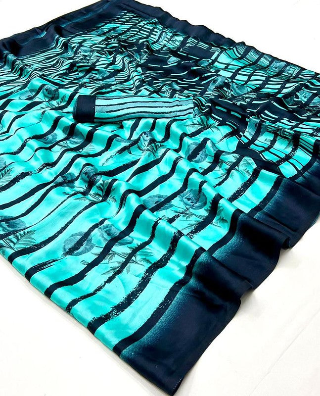 Light Rama Green & Black Stripes Printed Satin Crepe Silk Saree