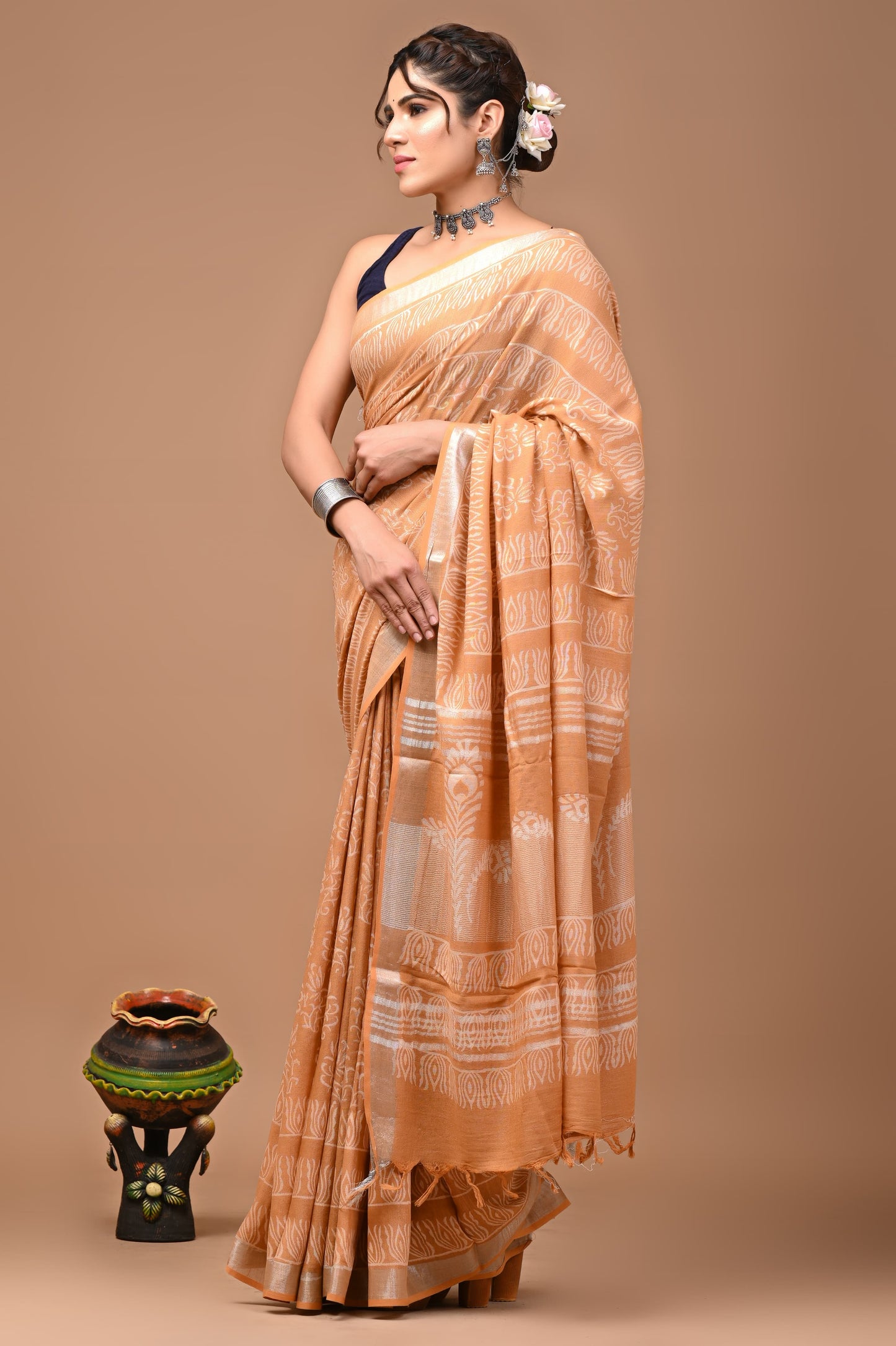 Latte Brown Linen Saree With Handblock Floral Prints