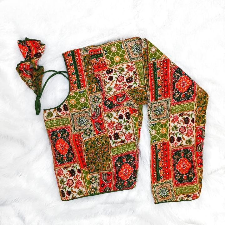 Crystal Work Long Sleeved Printed Rayon Blouse