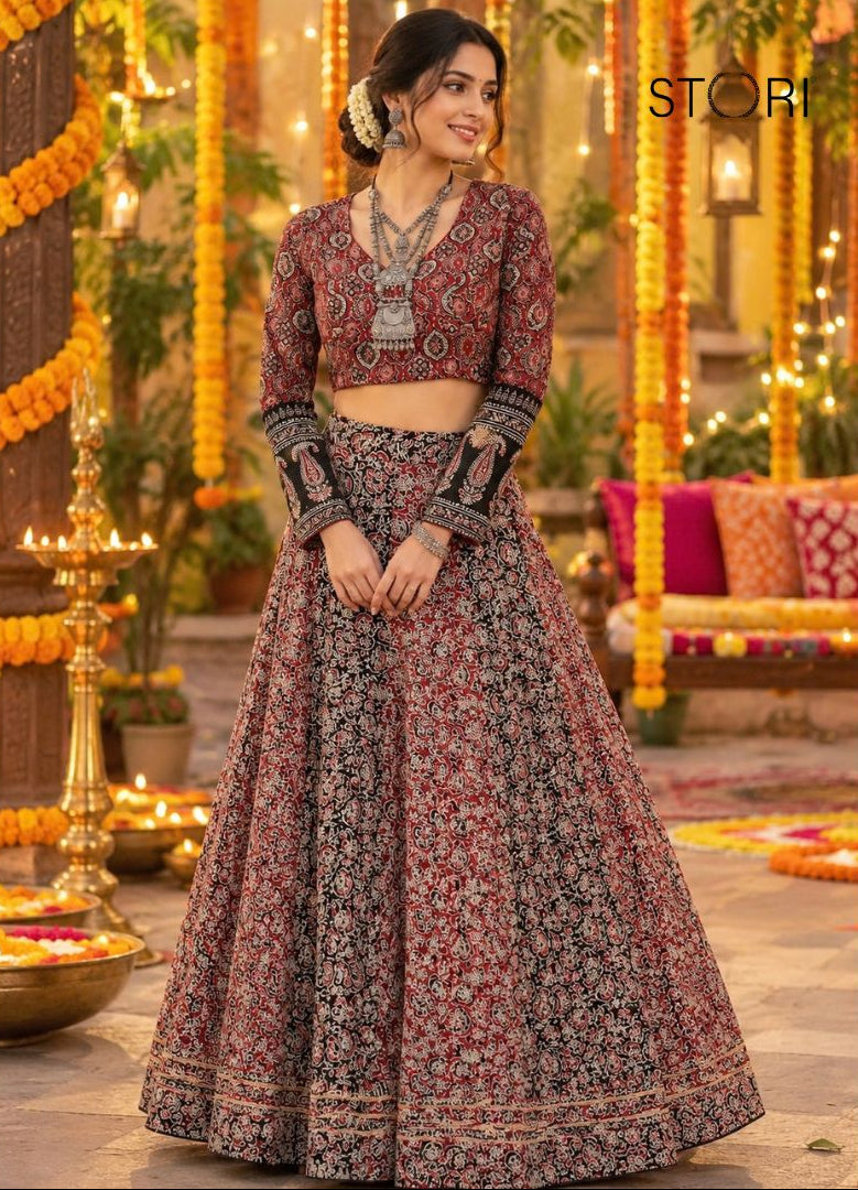 STORI Navratri Ajarakh Brownish Red Skirt And Blouse