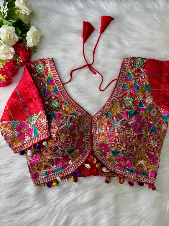 Red Silk Blouse With Kutchi Embroidery