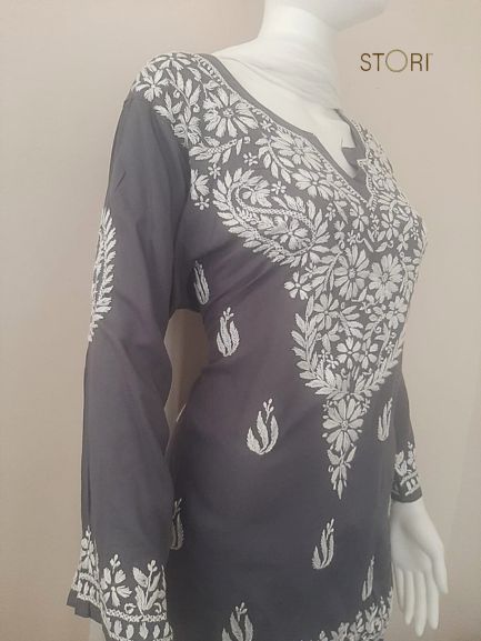 Neevya Grey Soft Modal Handcrafted Short Chikankari Kurti