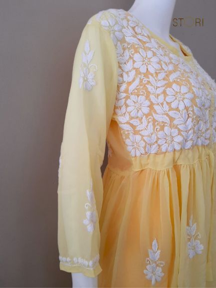 Nora Yellow Short Georgette Chikankari Kurti
