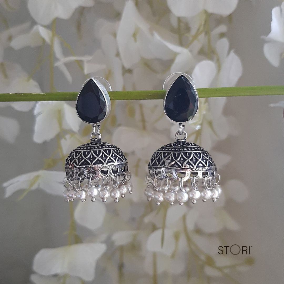 Black Monalisa Stone Oxidised Jhumki Earrings