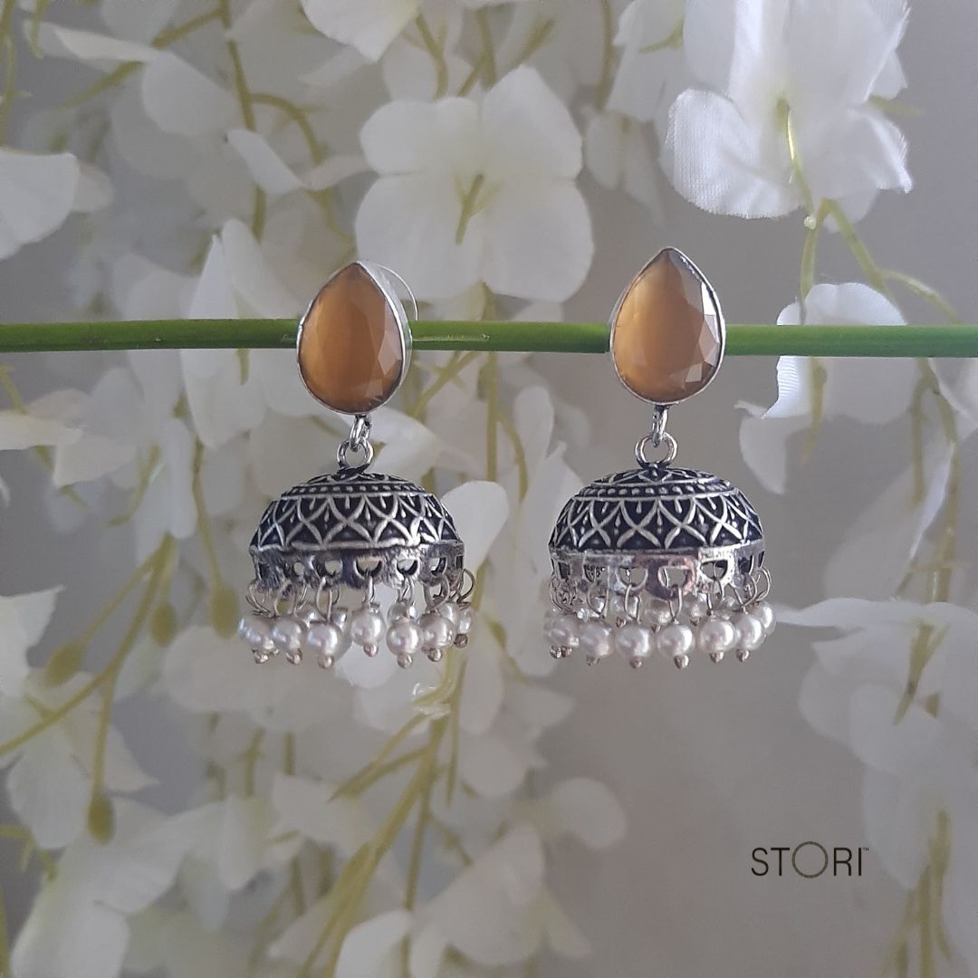 Peach Monalisa Stone Oxidised Jhumki Earrings