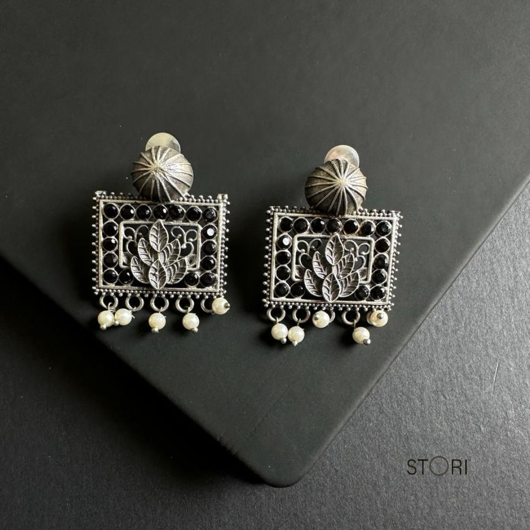 Black Rectangle Silver Lookalike Earrings