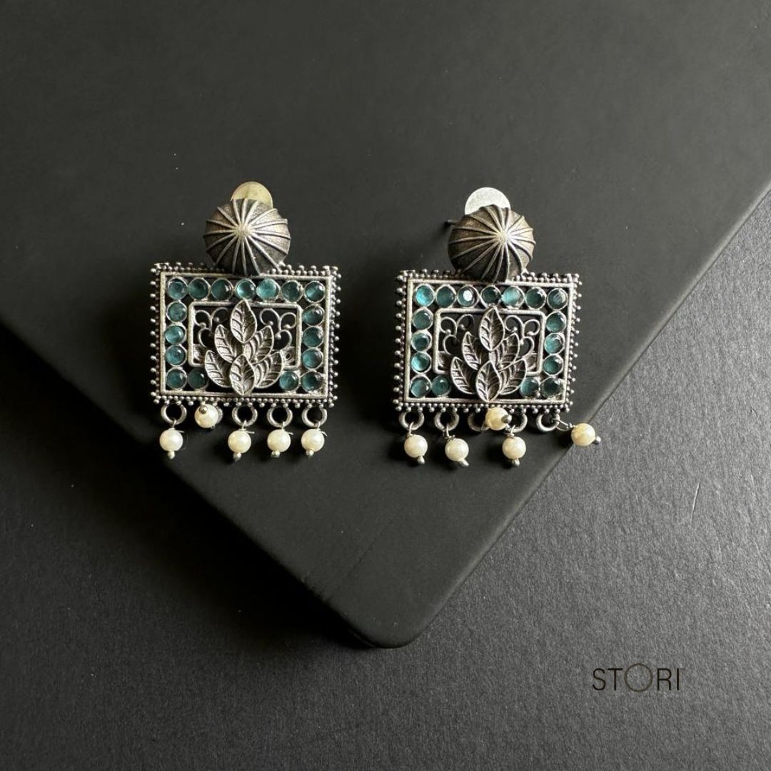 Blue Rectangle Silver Lookalike Earrings