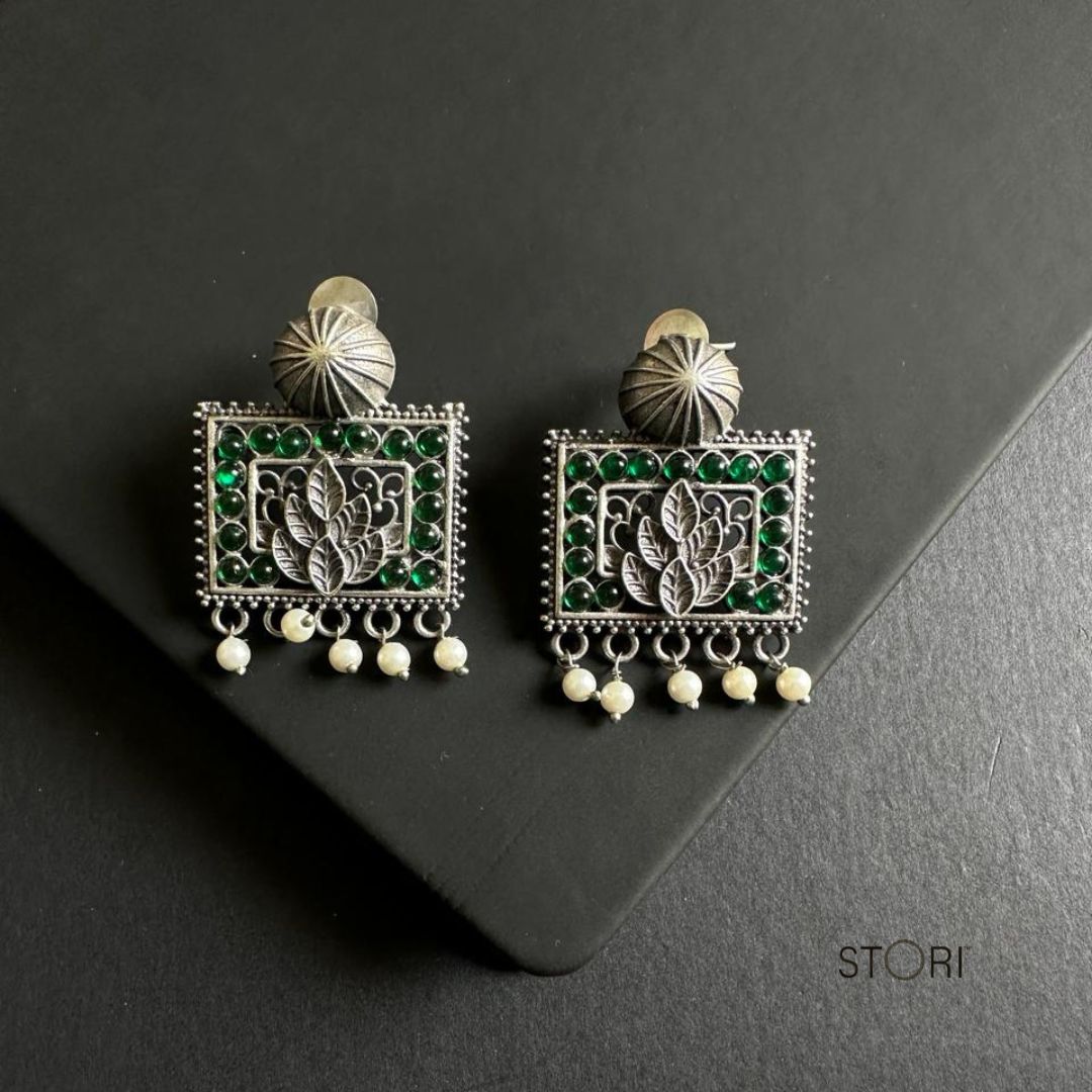 Green Rectangle Silver Lookalike Earrings