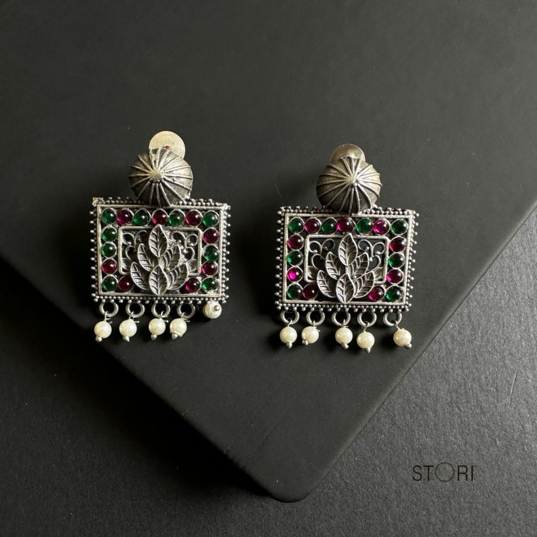 Multi Rectangle Silver Lookalike Earrings