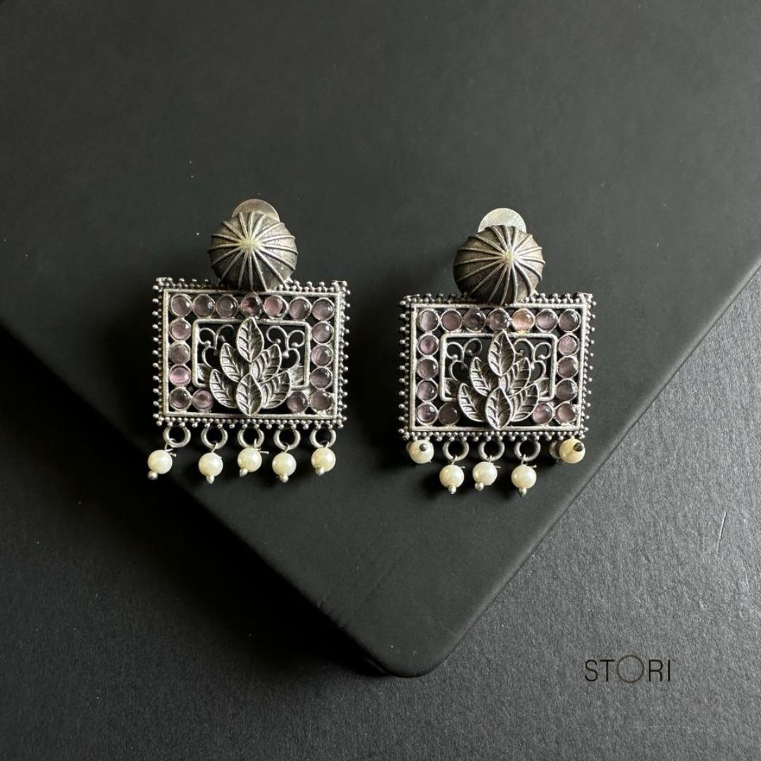 Pink Rectangle Silver Lookalike Earrings