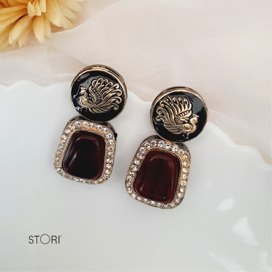 Black Enameled Monalisa Stone Earrings