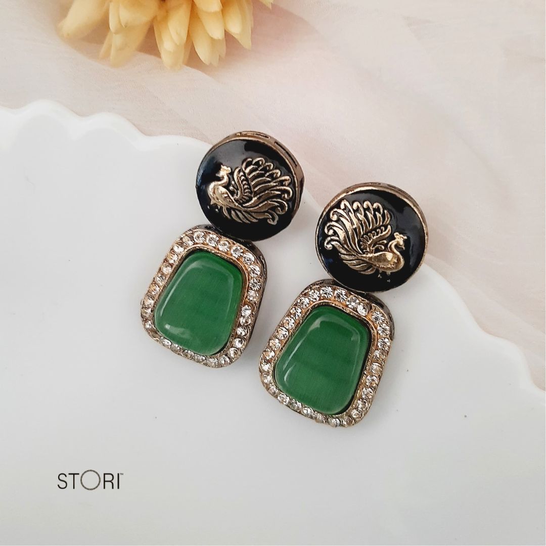 Green Enameled Monalisa Stone Earrings