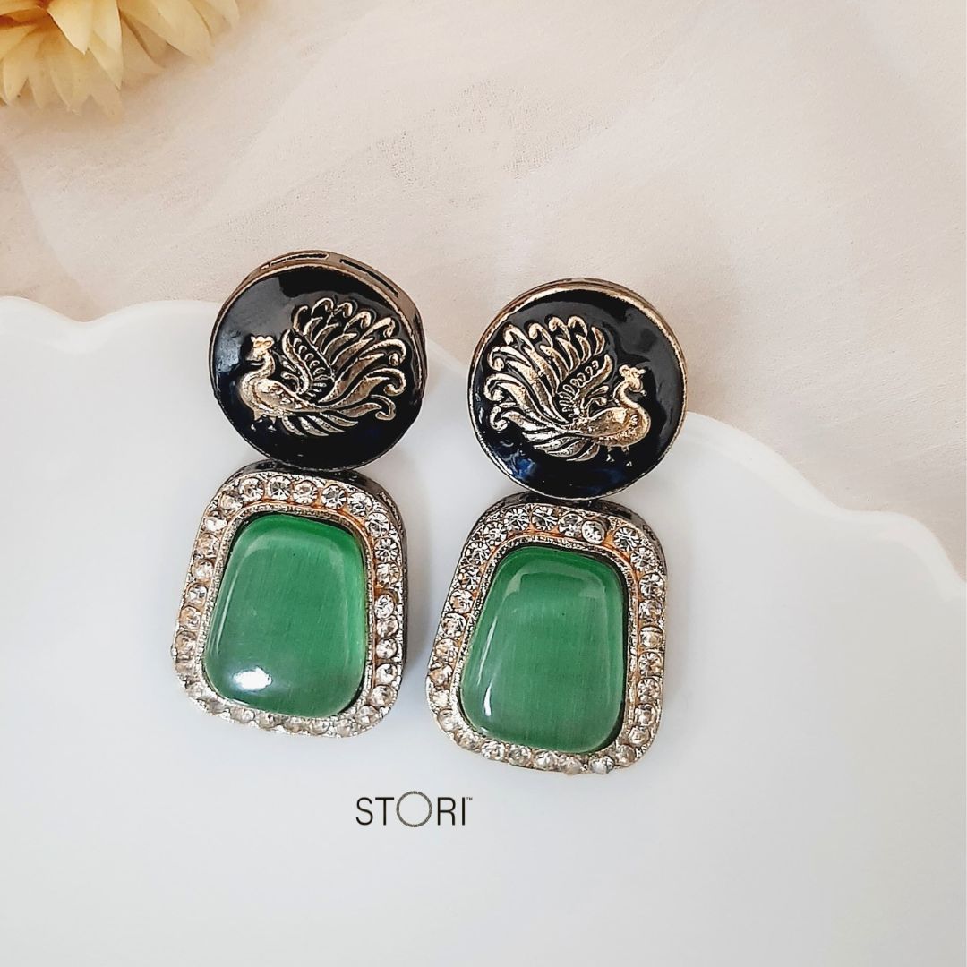 Green Enameled Monalisa Stone Earrings