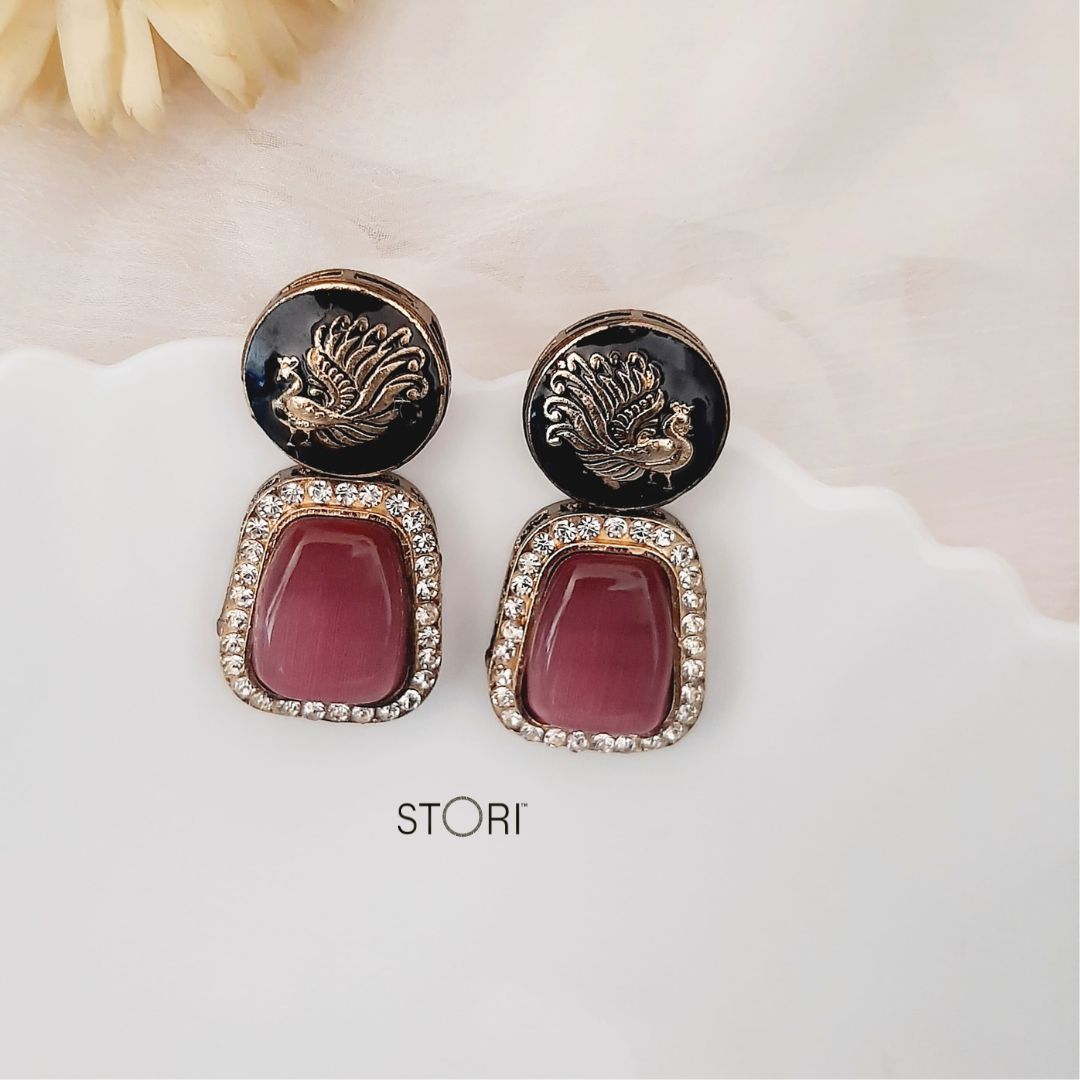 Pink Enameled Monalisa Stone Earrings