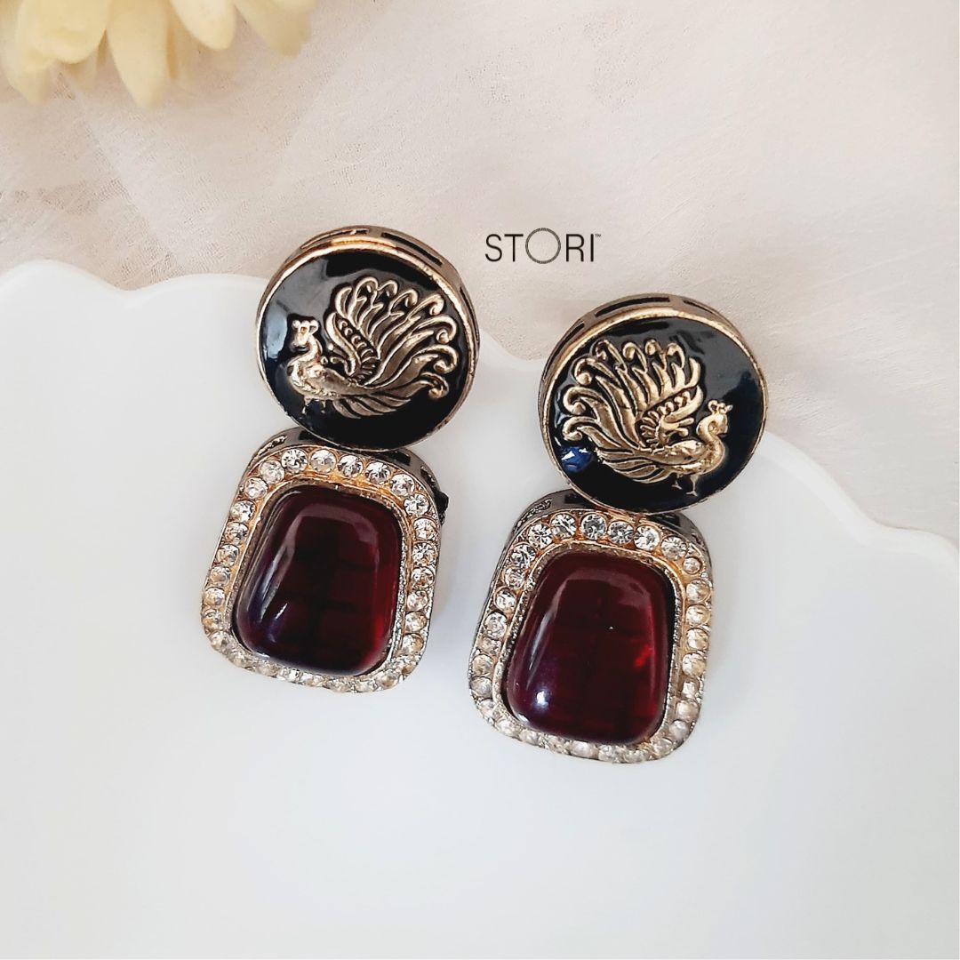 Red Enameled Monalisa Stone Earrings