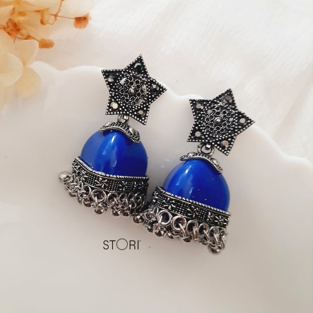 Royal Blue Oxidised Lightweight Jhumkis Online - STORI