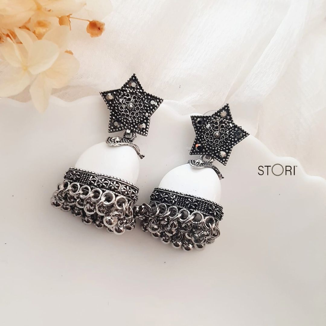 White Oxidised Lightweight Jhumkis Online - STORI