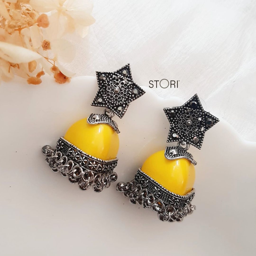 Yellow Oxidised Lightweight Jhumkis Online - STORI