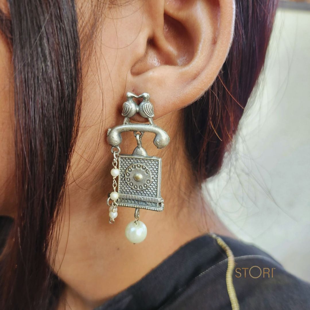 Vintage Telephone Handcrafted Silver Lookalike Earrings