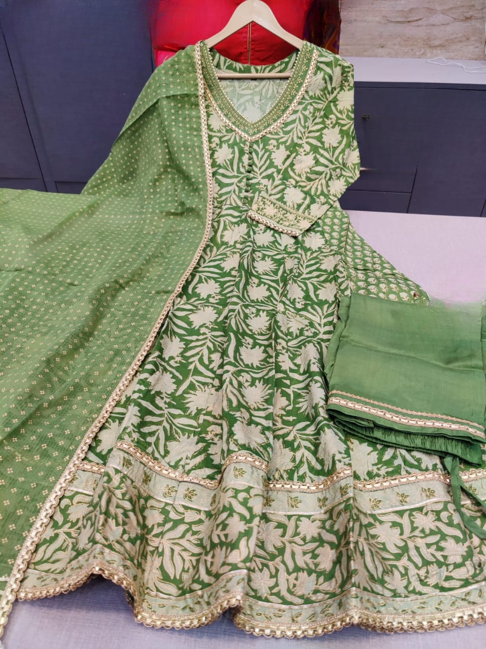 Olive Green Block Printed Muslin Anarkali Suit Set With Kota Doria Dupatta