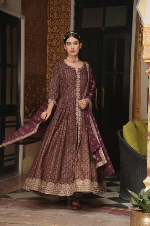 Wine Embroidered Front Slit Rayon Anarkali Set with Dupatta