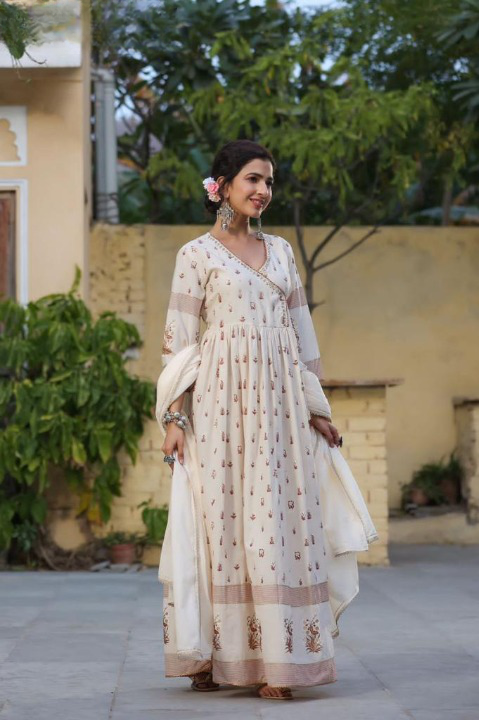 Pastel Peach Angarkha Style Full Length Anarkali With Cotton Dupatta
