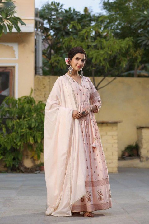 Pastel Peach Angarkha Style Full Length Anarkali With Cotton Dupatta