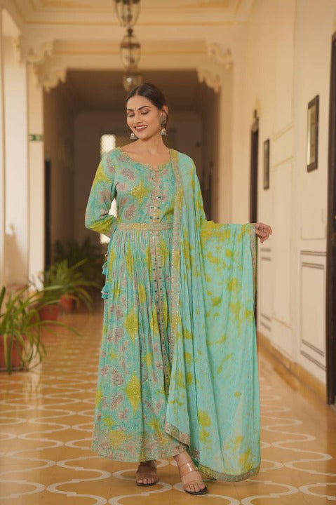 Mint Green Rayon Front Slit Anarkali Kurti Pant Set With Gota Detailing Dupatta