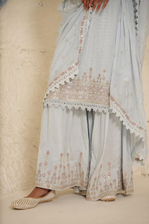 Pastel Blue Designer Schiffili Embroidered Sharara Set With Cotton Dupatta