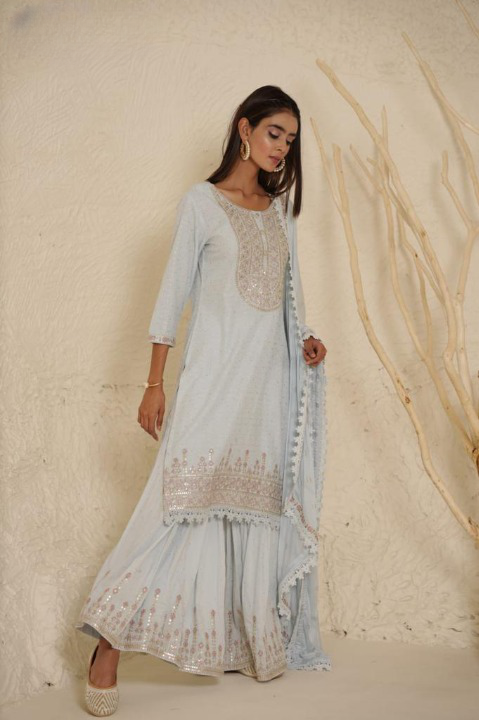 Pastel Blue Designer Schiffili Embroidered Sharara Set With Cotton Dupatta