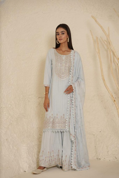 Pastel Blue Designer Schiffili Embroidered Sharara Set With Cotton Dupatta
