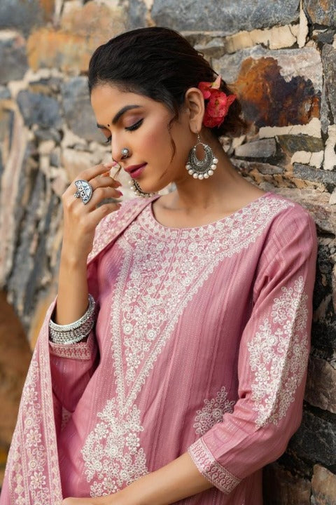 Charm Pink Three Piece Side Slit Nyra Cut Kashmiri Embroidery Kurti With Pant And Dupatta