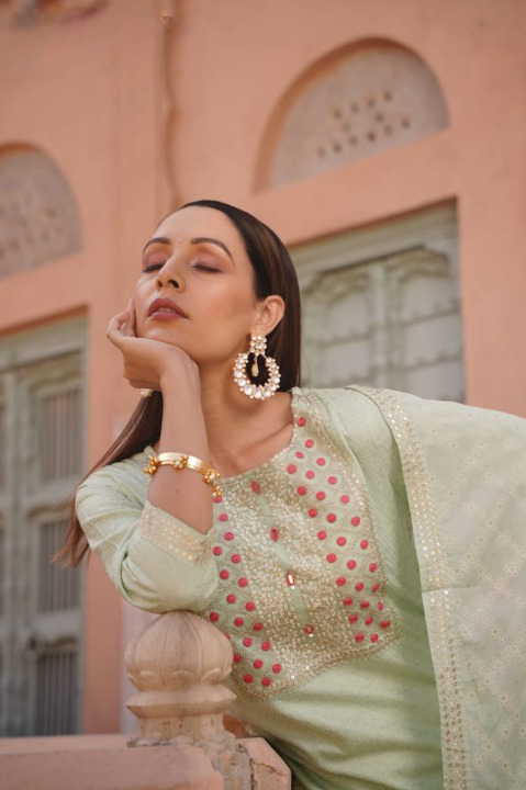 Bright Yellow Designer Schiffili Embroidered Kurti Set With Printed Dupatta