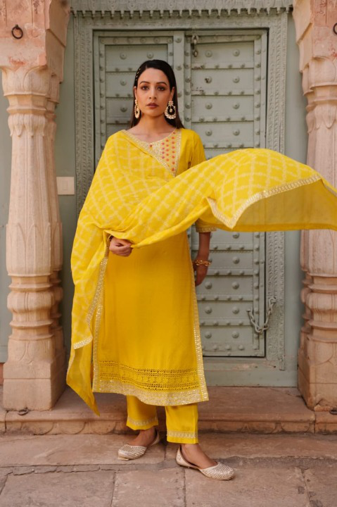 Bright Yellow Designer Schiffili Embroidered Kurti Set With Printed Dupatta