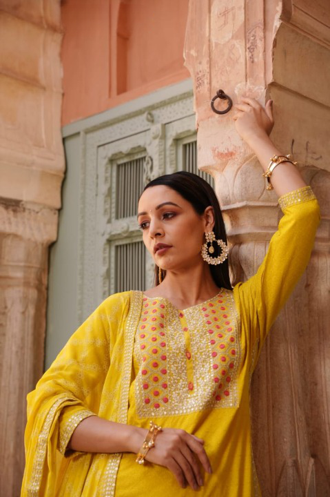 Bright Yellow Designer Schiffili Embroidered Kurti Set With Printed Dupatta