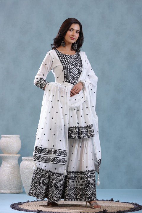 White Mulmul Cotton Designer Sharara Set With Dupatta & Tassels