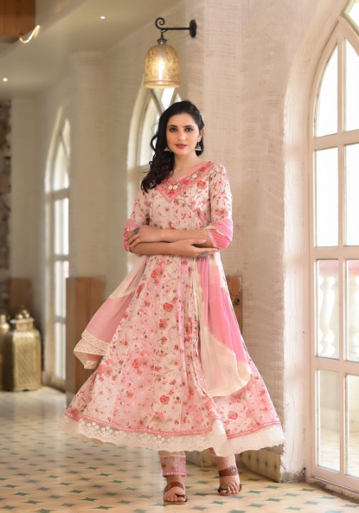 Blush Pink Floral Print Cotton Anarkali Suit Set With Dual Shade Dupatta