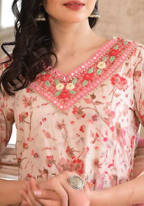 Blush Pink Floral Print Cotton Anarkali Suit Set With Dual Shade Dupatta