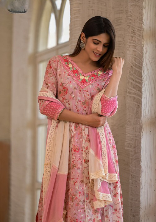 Blush Pink Floral Print Cotton Anarkali Suit Set With Dual Shade Dupatta
