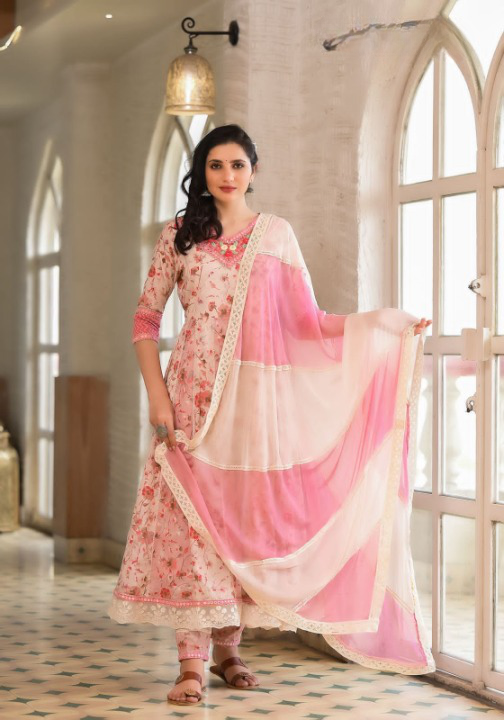 Blush Pink Floral Print Cotton Anarkali Suit Set With Dual Shade Dupatta