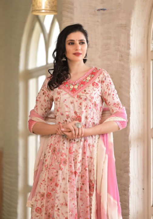 Blush Pink Floral Print Cotton Anarkali Suit Set With Dual Shade Dupatta