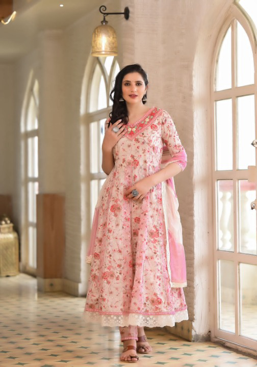 Blush Pink Floral Print Cotton Anarkali Suit Set With Dual Shade Dupatta