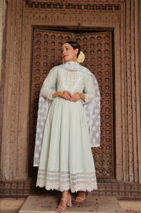 Light Pistachio Cotton Embroidered Anarkali Kurti Pant Set With Organza Dupatta