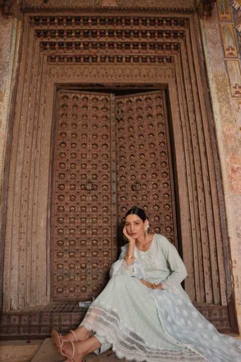 Light Pistachio Cotton Embroidered Anarkali Kurti Pant Set With Organza Dupatta