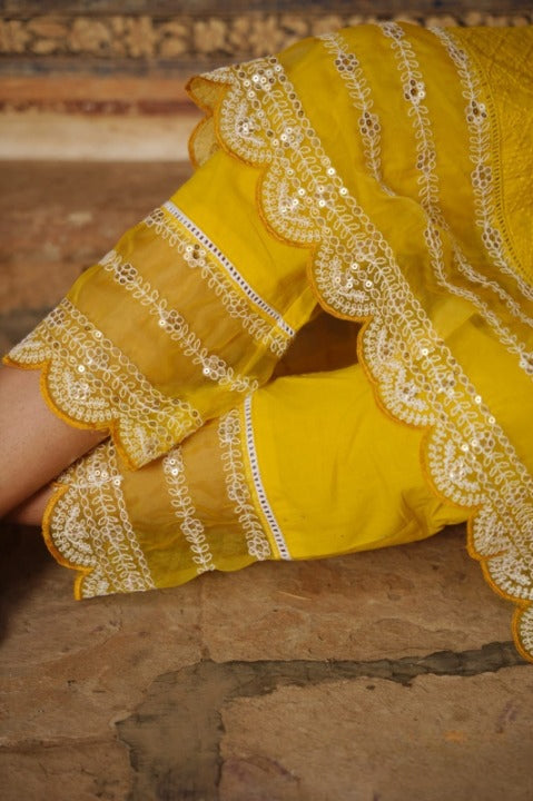 Yellow Cotton Embroidered Anarkali Kurti Pant Set With Organza Dupatta