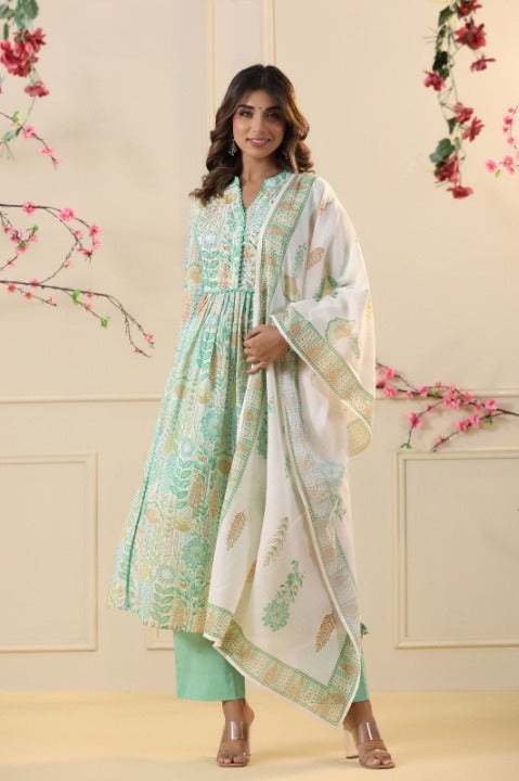 Lime Digital Print Mulmul Cotton Anarkali Kurti With Pant And Dupatta