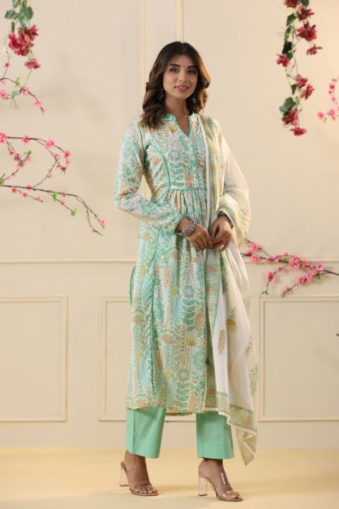 Lime Digital Print Mulmul Cotton Anarkali Kurti With Pant And Dupatta